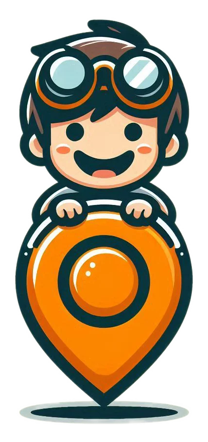 Cartoon smiling person wearing goggles on top of a map marker icon