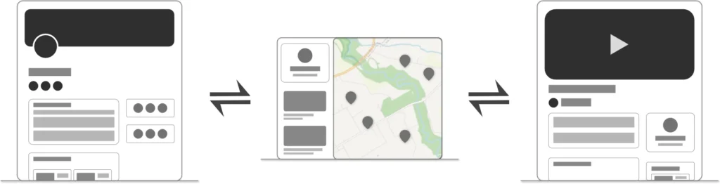Different page mockup thumbnails side by side, including creator page, video page, and client page